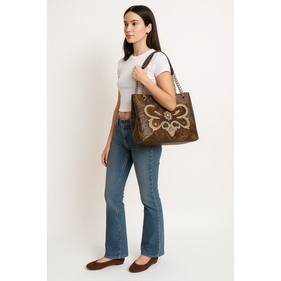 Y2K Faux Snakeskin Rhinestone Appliqué Tote Bag – 2000s Western McBling Mallcore - Picture 2 of 12